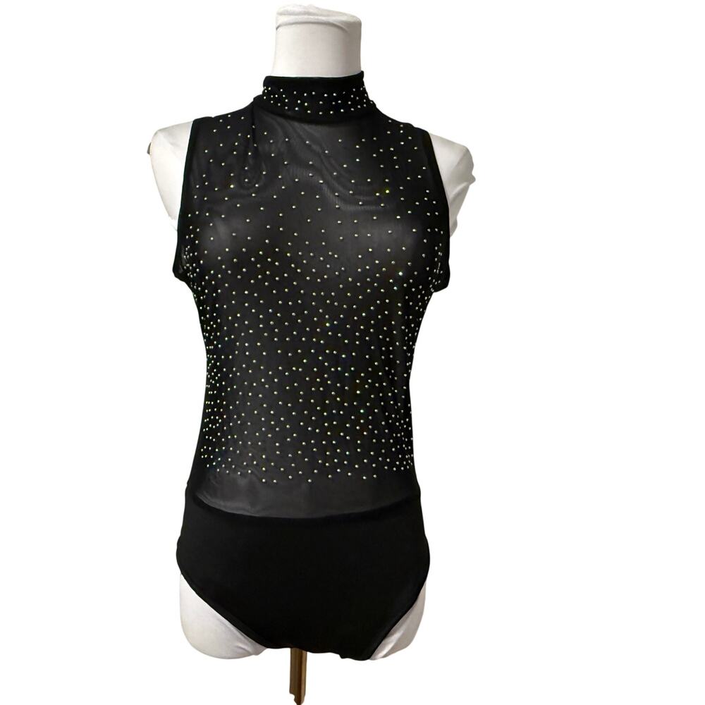 Black Rhinestone Sheer Mesh Bodysuit Medium Mock Neck Sparkle Party Y2K Holiday